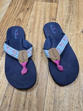 Margaritaville Navy Flip Flops with Blue Patterned Straps and Pink Toe Post